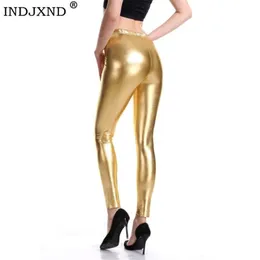 Leggings da donna INDJXND Style Punk Rock PU Leggings in ecopelle in pelle Pantaloni da donna Viola Metallic Gold Shiny Sexy Shining Legging Fitness 230410