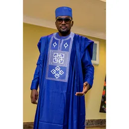 Ubranie etniczne H D Afrykańskie ubrania dla mężczyzn Niebieskie bogaty bazin haft tradycyjny ubrania 3 szt. Sutowe koszulki