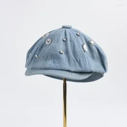 Basker sboy hatt kvinnor åttongonal cap basker denim rhinestone hållbar vår höstmålare parti tillbehör