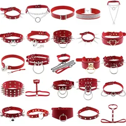 Choker Chokers Goth Red PU Leather Necklaces For Women Cosplay Silver Color Stainless Steel Chains Rivet Collar Grunge Punk Jewelry