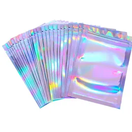 Tom 100 stycken Återförslutbara luktsäkra påsar Folie Pouch Bag Platt Laser Färgförpackningspåsar för festförmån Food Storage Holographic Factory Pris