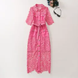 2023 Summer Pink Floral Lace Belted Dress 1/2 Half Sleeve Lapel Neck Double Pockets Rhinestone Buttons Midi Casual Dresses A3A101500 Plus Size XXL