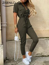 Kvinnors jumpsuits rompers overaller för kvinnor casual lapel laceup tryck bälte arbete jumpsuit kvinnor one bitar bodysuit kvinnor chic och eleganta jumpsuits 230410