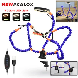 Magnifying Glasses ACALOX Table Clamp Soldering Third Hand with 3X USB Magnifier LED Light 5Pcs Flexible Arms PCB Holder Welding Repair Tool 230410