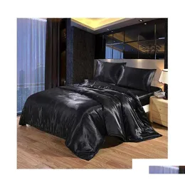 Sängkläder sätter bitar 4 Set Luxury Satin Silk Queen King Size Bed Comporter Quilt Däcke Er Flat and Fitted Sheet Bedduch Drop Deliver Dh1Hi
