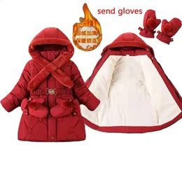 Jackets Winter Girls Thick Coats Fleece Warm Down Cotton MidLength Gloves Hooded Parka Children's Outerwear Clothes 231109