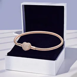 Rose Gold Pave Heart Clasp Charm -armband för Pandora 925 Sterling Silver Snake Chain Armband Set för Women Girl Girl Gift Designer smycken med originalbox