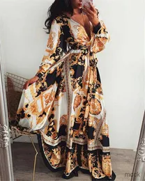 2023 Summer for Women Boho Wrap Lond Dress Print V-neck Long Sleeve Holiday Maxi Loose Sundress Floral Elegante Dresses Cocktail Party M230410