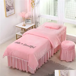 Bedding Sets 4Pcs Beautif Beauty Salon Bedding Sets Mas Spa Use Coral Veet Embroidery Duvet Er Bed Skirt Quilt Sheet Custom Drop Deliv Dhwzn