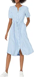 Women's Half-Sleeve Waisted Midi A-Line Dress Blue/White French Stripe Large