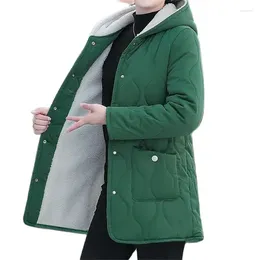 Casacos de trincheira femininos para baixo algodão feminino médio longo adicionar veludo e engrossar casaco com capuz idosos de meia idade outono inverno algodão acolchoado