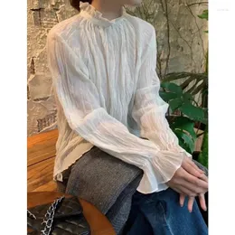 Camicette da donna Camicia bianca antirughe tinta unita con volant Colletto alla coreana Manica lunga Top Office Lady 2023 Primavera Autunno Elegante dolce ragazza