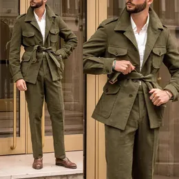 Men s Suits Blazers Green Wool Hunting Coat with Belt Vintage Jacket Pants Casual Wear Suit Two Piece Set 231110