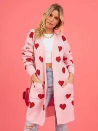 Kvinnors stickor boho inspirerade jacquared hjärtan långa cardigan kvinnor ärm stickad tröja höst vinter rosa kappa