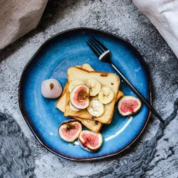 Teller, kreativer Keramik-Blumenteller, blau, Heimdekoration, Geschirr, Abendessen, Obst, Küchenbedarf