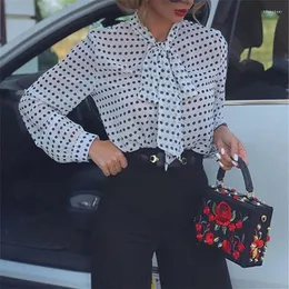 Kvinnors blusar musuos damer mode elegant skjorta polka dot mesh perspektiv toppar höst sommar båge krage långärmad kontor pojke blusa