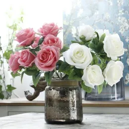 Flores decorativas 5 peças simulação de flores falsas artificiais de flanela de alta qualidade cabeça de rosa flores buquê de casamento decoração de casa diy