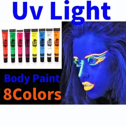 Pintura corporal Body Art Paint 8 cores Halloween Cosplay Pigmento Night Run UV Glow Pintura Fluorescente Face Festival Rave Party Maquiagem Ferramenta 10G 231109