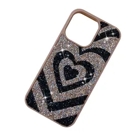 Striped Loving Heart Diamond Phone Case For iPhone 14 Plus 13 12 Pro Max Luxury Glitter Drill Rhinestones Cover Shockproof Anti-Fall 1pcs