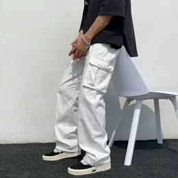 Męskie spodnie Blackwhite Casual Fashion Lose prosta szeroka noga męska streetwear Hiphop Pocket Cargo Męskie spodnie 230410