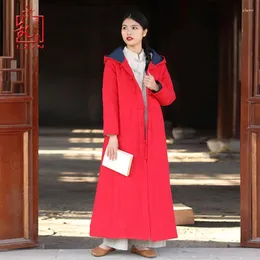 Women's Trench Coats LZJN 2023 Winter Long Sleeve Hooded Women Warm Maxi Parkas Thick Quilted Christmas Gift Red Overcoats Chinese Style