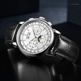 Zegarek na rękę najlepszą markę Męską Męską White Dial Moon Fase Watch 316L Kalendarz ze stali nierdzewnej Automatyczny wodoodporny