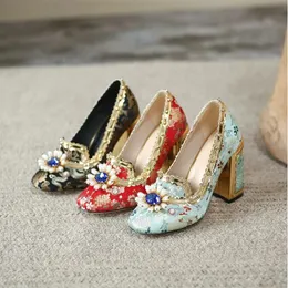 2023 New Women Wedding Bridal Shoes Flowers Crystal Slip On Ladies Shoes Black Blue Red Wedding Shoes Embroider Zapatos Mujer