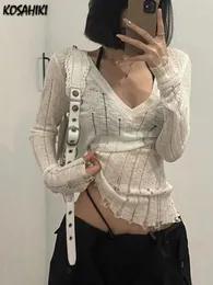 Kadın Sweaters Y2K Estetik Seksi Delik İçi Boş Örme Süveter Kadınlar Grunge Vintage Solid İnce Pullover Sokak Giyim Sınıfı İnce Triko Üst 231109