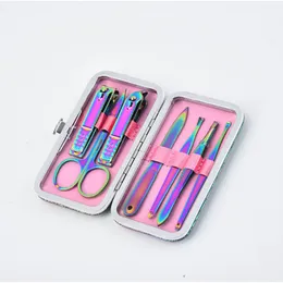 Rainbow Shiny Color Manicure Hand Care Fingers Nail Clippers with Nail File Earpick Curette Tweezers Scissors