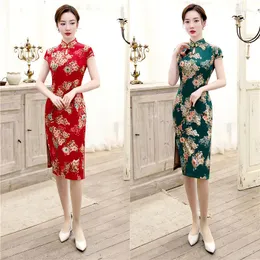 Ethnic Clothing 5XL Sexy Satin Silk Classic Women Chinese Dress Red Green Flower Print Cheongsam Vestido Elegant Water Drops Collar Qipao