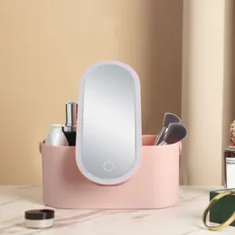 مرايا مضغوطة الماكياج منظم مربع مع LED LED LID Mirror Portable Travel Makeup Cosup Organizer Touch Light Storage Makeup Case White Pink 231109
