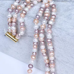Chains Daking 6-7mm Genuine Natural White & Pink Purple Akoya Cultured Pearl Necklace 18" 3 Rows