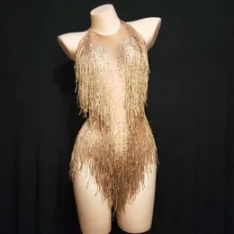 Temadräkt glittrande strassar fransar bodysuit kvinnor nattklubb outfit glisten dans kostym onepiece dane wear sångare scen leotard 230410