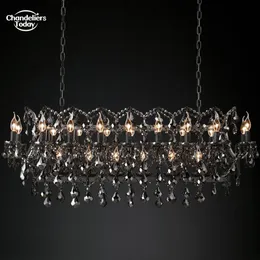 19th C. Rococo Iron & Crystal Rectangular Chandeliers Retro LED Candle Smoke Black Pendant Lighting for Dining Room Kitchen Island Living Room Lamps