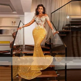 New Design Gold Sequins Prom Dresses Elegant Beads Crystals Pearls See-Thru Sleeves Formal Evening Birthday Party Gowns Robe De Soiree 322