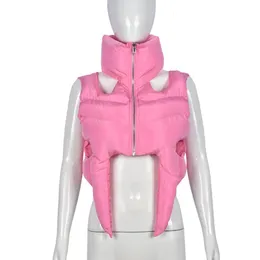 Women s Vests Pink Sexy Cut Out Cropped Puffer Jacket 2023 Autumn Winter Irregular Sleeveless Vest Y2K Turtleneck Quilted Bubble Coats 231110