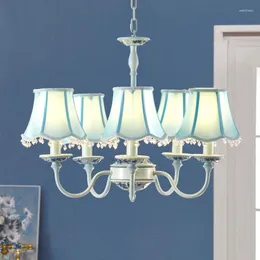 Pendant Lamps Modern Style 5 Heads Chandeliers Living Room Sky Blue Resin Soft Lighting Features Pastoral Relief Flowers ZA9914