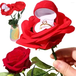 Jewelry Pouches Romantic Wedding Ring Holder Box With Red Flower Stem Velvet Rose Proposal Engagement Finer Rings Display Case