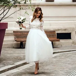 طول الشاي خمر فستان زفاف فستان الدانتيل أعلى 3/4 الأكمام الطويلة