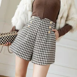 Kvinnors shorts lade retro -knappen Houndstooth Wide Ben Ull för kvinnor Autumn och Winter High midje rutiga bottnar