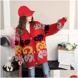 Women'S Sweaters Women Cardigan Letter Pattern Knitted Sweater Korean Street Style Loose Ladies Jacket Spring And Autumn Drop Delive Dhutw