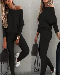 Calças femininas de duas peças batwing manga superior cintura alta cordão conjunto outono treino feminino ginásio joggers terno esportes wear primavera