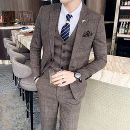 Garnitury męskie Blazery S-7xl kurtki dla lat moda butik Lattice Formal Business Men Suit 3pcs Set Groom Wedding Suible Plaid Suit show 230410