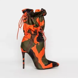 Stiefel Mode Spitzschuh Mittlere Waden für Frauen Camouflage Print Stiletto Lace Up Damenschuhe Damen High Heels Botas Mujer 231110