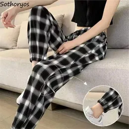 Women's Sleepwear Sleep Bottoms Women High Waist Spring Autumn Leisure Loose Homewear Plaid Breathable Slim-fit All-match Soft Korean Style