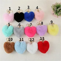 Nyckelringar fluffiga Pompom Keychain gåvor Kvinnor Soft Heart Shape Pompon Fake Key Chain Ball Ball Bag Accessories Ring B019