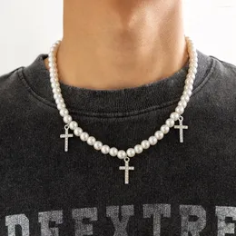 Pendant Necklaces Imitation Pearl Bead Chains Shiny Rhinestone Cross Pendants Men Trendy Beaded Short Choker Collar 2023 Fashion Jewelry