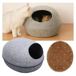 Camas para gatos Móveis Cama para gatos Casa de feltro artificial para gatos Saco de dormir com travesseiro de ninho Casca de ovo removível respirável semi fechada caverna para animais de estimação 231109