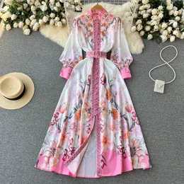 Spring and Autumn New Vintage Long Dress European and American Ins Court Style Standing Neck Lantern Sleeve Single breasted Printed Dress