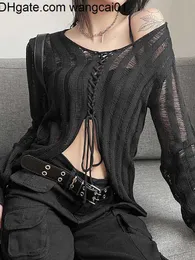 Męskie koszulki Goth Dark Mall Gothic See Through Bandage Bluzka Blunge czarna swobodna seksowna koszulka z dzianiny Y2K Long Seve Streetwear Kobiety